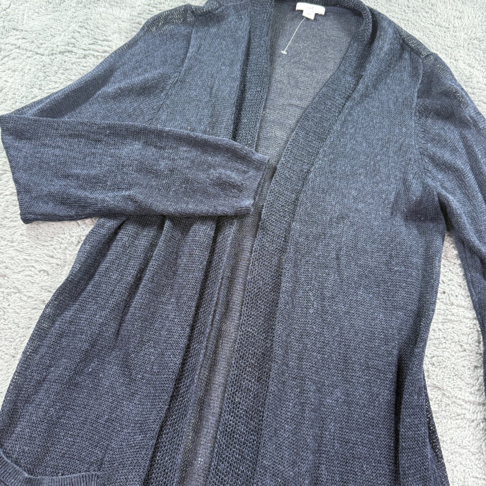 J. Jill Navy Blue Linen Blend Open Front Duster Cardigan Sweater Petite Small